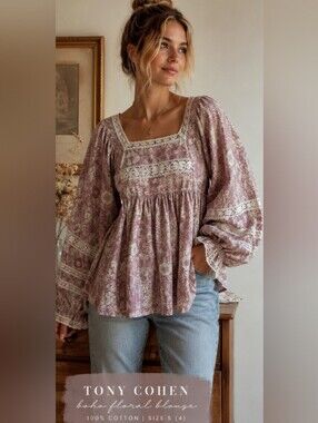 Tony Cohen Floral Cottagecore Boho Blouse Mauve Pink Lace Trim Puff Sleeve Small